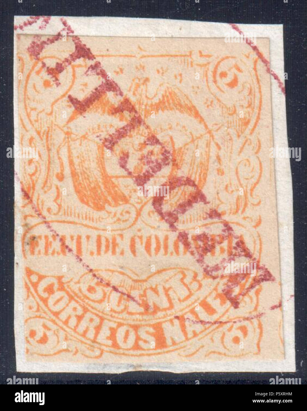 N/A. English: Colombia 1870 5c orange, tied to small fragment by red 'MEDELLÍN' cancel. Catalogue: Sc. 62, Mi. 59 Paper: White wove unwtmk Perforation: imperforated Printing: Lithography Printer: Ayala Medrano Printing Ltd, Bogota . 1870. Colombian government 367 Colombia 1870 Sc62 Stock Photo