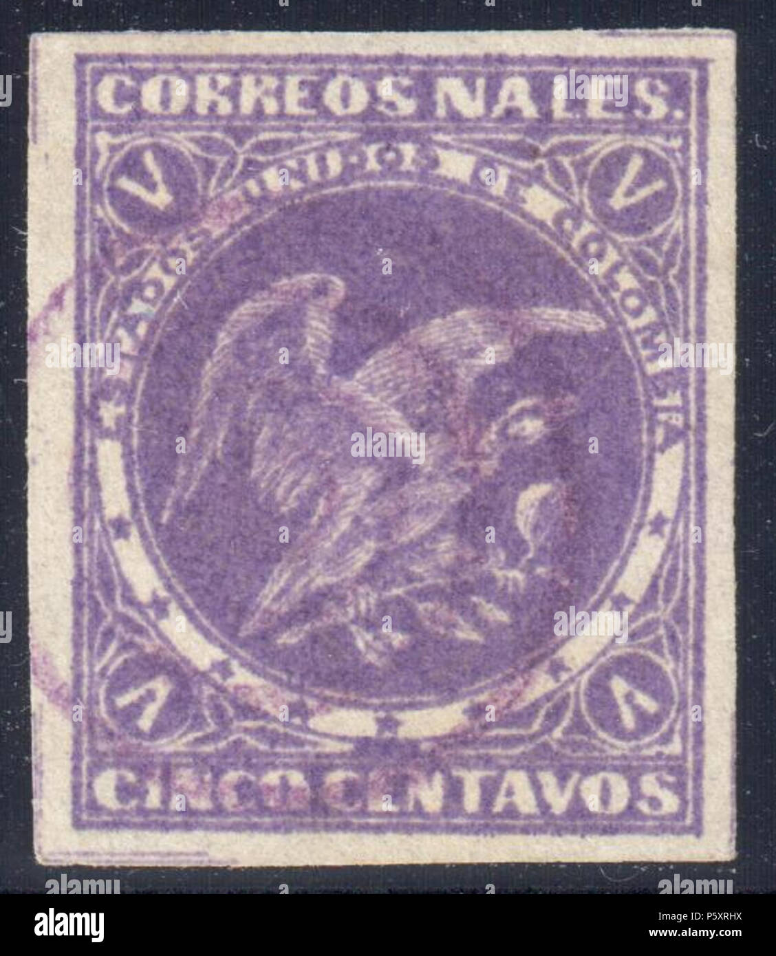 N/A. English: Colombia 5c purple, used mute ring cancel. Signed. Catalogue: Sc. 73, Yv. 54 . 1877. Colombian government 367 Colombia 1877 Sc73 Stock Photo