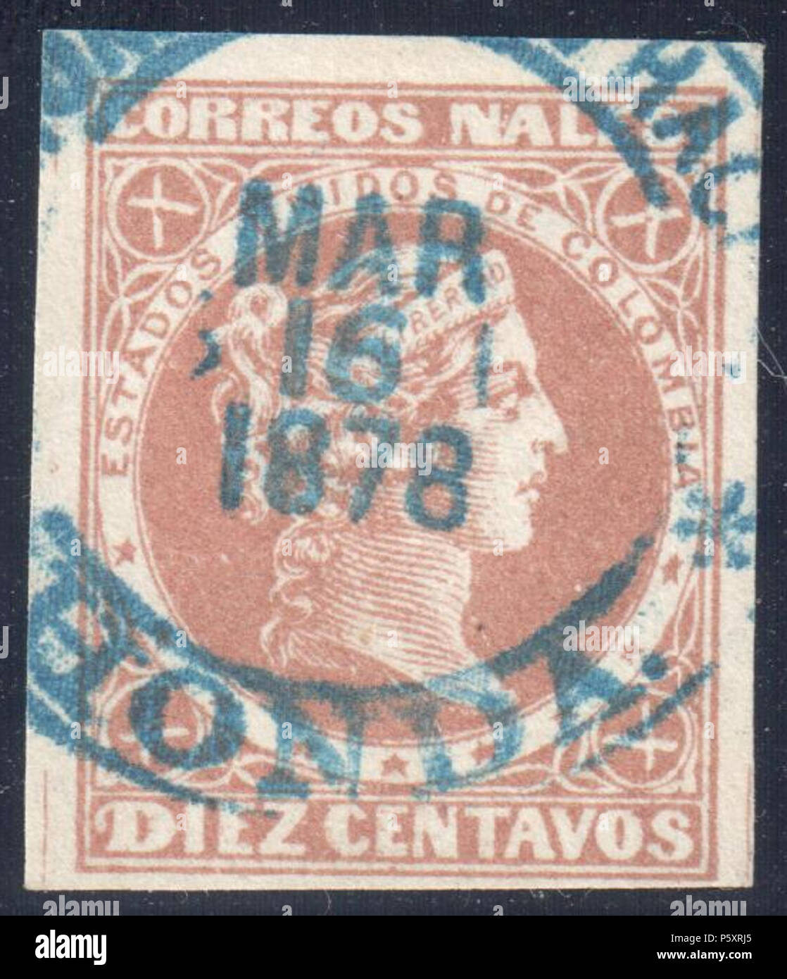 N/A. English: Colombia 10c light brown, used blue circular 'HONDA'. Signed. Catalogue: Sc. 77, Yv. 55 . 1877. Colombian government 367 Colombia 1877 Sc74u Stock Photo