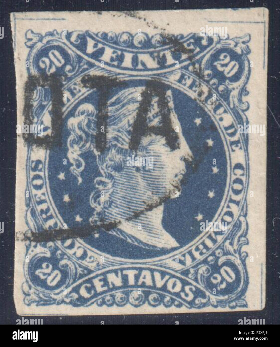 N/A. English: Colombia 1877 20c dark blue, used '(BOG)OTA'. Signed. Catalogue: Sc. 75, Yv. 56 . 1877. Colombian government 367 Colombia 1877 Sc75u Stock Photo
