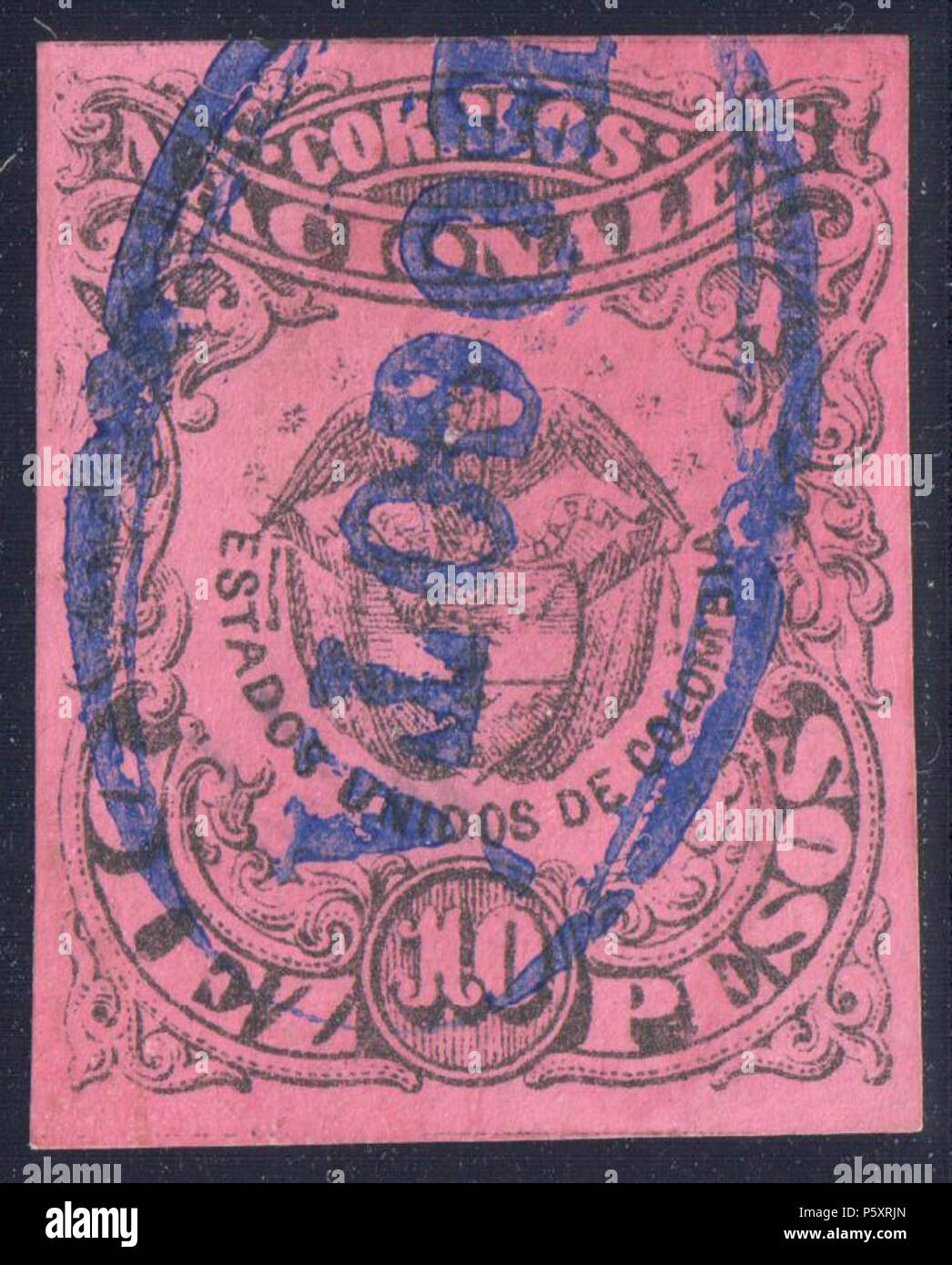 N/A. English: Colombia 1877 10 pesos on rose paper, used with blue oval 'BOGOTÁ'. Signed. Catalogue: Sc. 77, Yv. 47A I, SG 101 PL I . 1877. Colombian government 367 Colombia 1877 Sc77 Stock Photo