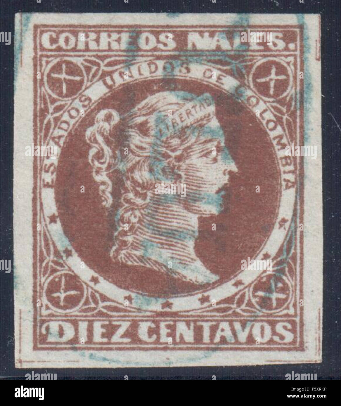 N/A. English: Colombia 10c brown, bluish paper, used oval '(T)uluá. Signed. Catalogue: Sc. 94, Mi. 63z Paper: Bluish wove unwtmk Perforation: imperforate Printing: Lithography Printer: Ayala Medrano Printing Ltd, Bogota . 1881. Colombian government 367 Colombia 1881 Sc94u Stock Photo