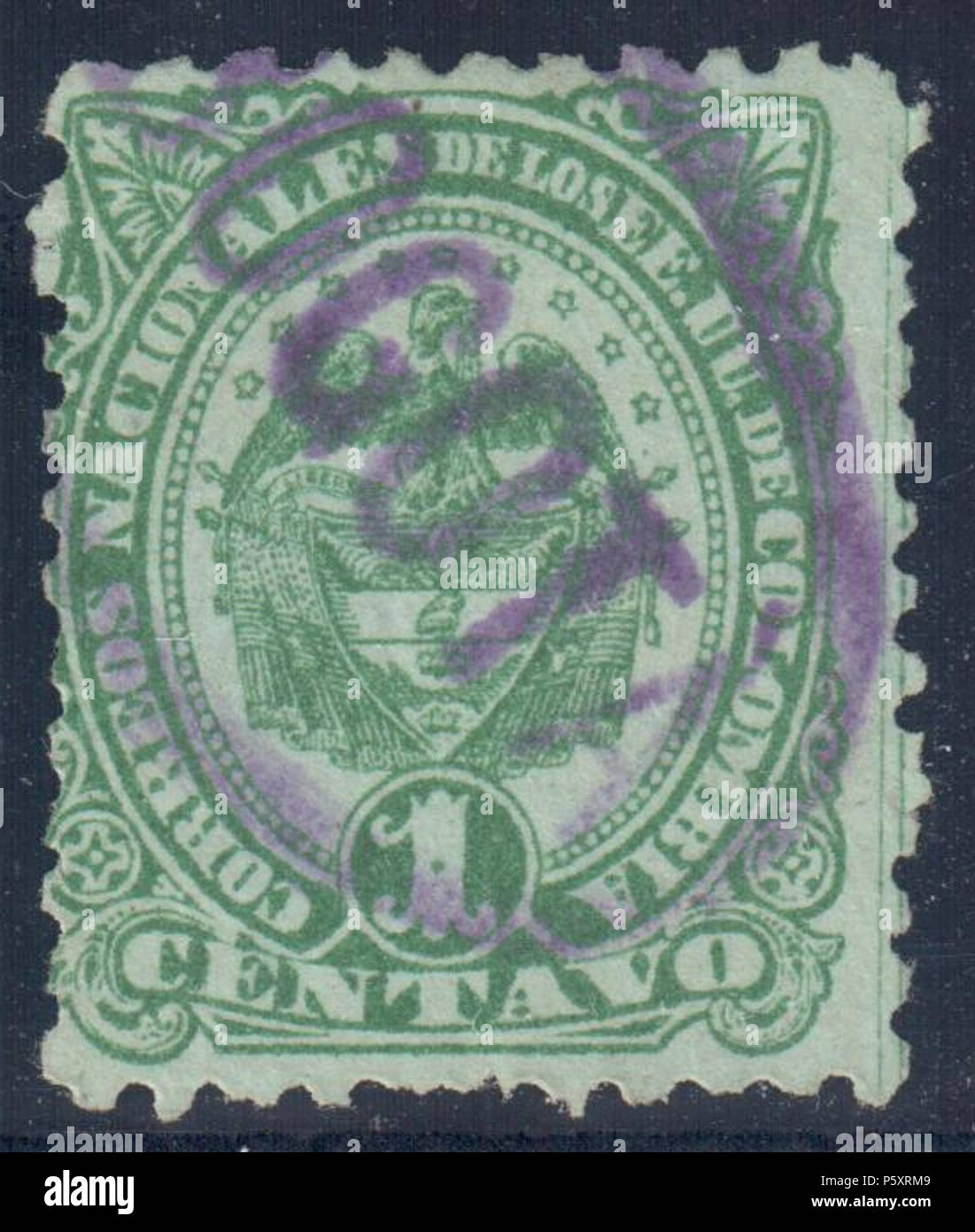 N/A. English: Colombia 1883 1c, used purple '(B)OGOTA'. Catalogue: Sc. 116, Mi. 78 Paper: Green wove unwtmk Perforation: 10.5 to 13.5 Printing: Lithography Printer: D. Paredes Printing Ltd, Bogota . 1883. Colombian government 367 Colombia 1883 Sc116u Stock Photo