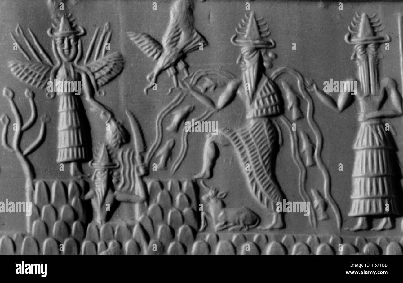 N/A. English: Detail of The Adda Seal. The figures can be identified as gods by their pointed hats with multiple horns. The figure with streams of water and fish flowing from his shoulders is Ea (Sumerian Enki), god of subterranean waters and of wisdom. Behind him stands Usimu, his two-faced vizier (chief minister). At the centre of the scene is the sun-god, Shamash (Sumerian Utu), with rays rising from his shoulders. He is cutting his way through the mountains in order to rise at dawn. To his left is a winged goddess, Ishtar (Sumerian Inanna). The weapons rising from her shoulders symbolise h Stock Photo