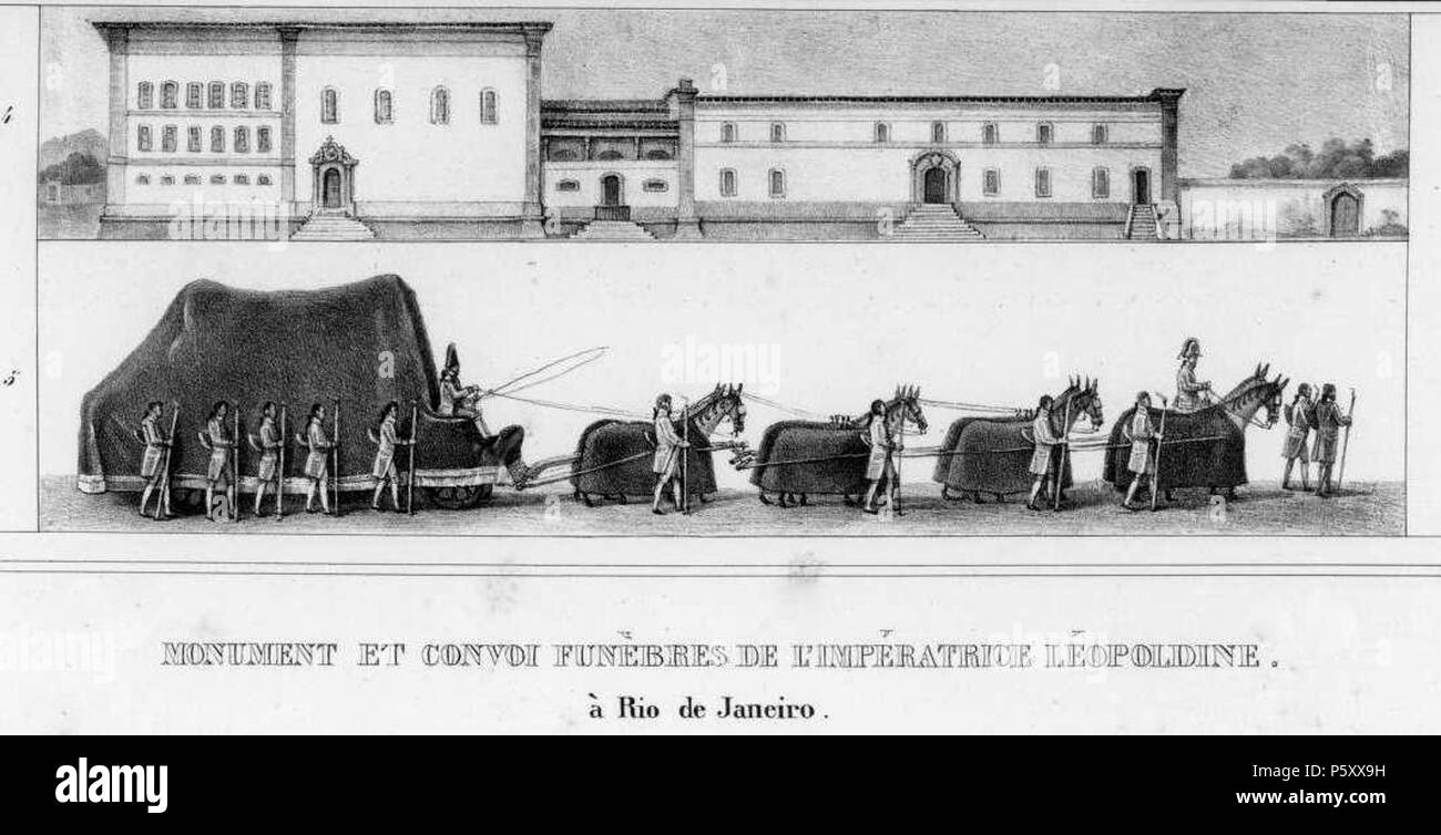 N/A. English: Funeral cortège of Maria Leopoldina of Austria, archduchess of Austria and Empress consort of Brazil. Maria Leopoldina was the sister of Emperor Ferdinand I of Austria and Marie Louise, Duchess of Parma, the wife of Napoleon Bonaparte. She was the mother of Emperor Dom Pedro II of Brazil and Queen Maria II of Portugal. She died in 1826, in the Imperial city of Rio de Janeiro, Brazil. Drawing made by Debret during his residence in Brazil (1816-1831). 1839. Jean Baptiste Debret 377 Convoi Funebres de l Imperatrice Leopoldine by Debret Stock Photo