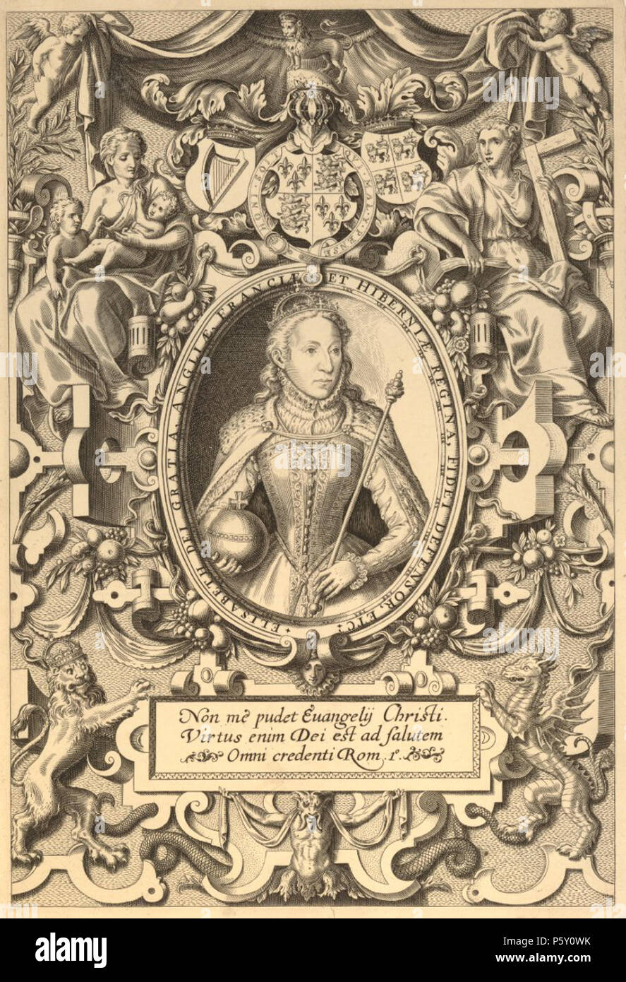 N/A. Frontispiece to the Bishops Bible of 1568 showing Elizabeth I holding the orb and sceptre in a border of strap-work, with the figures of Faith and Charity, and the royal coat of arms. 1568. Franz Hogenberg 505 Elizabeth I Frontispiece Bishops Bible 1568 Stock Photo