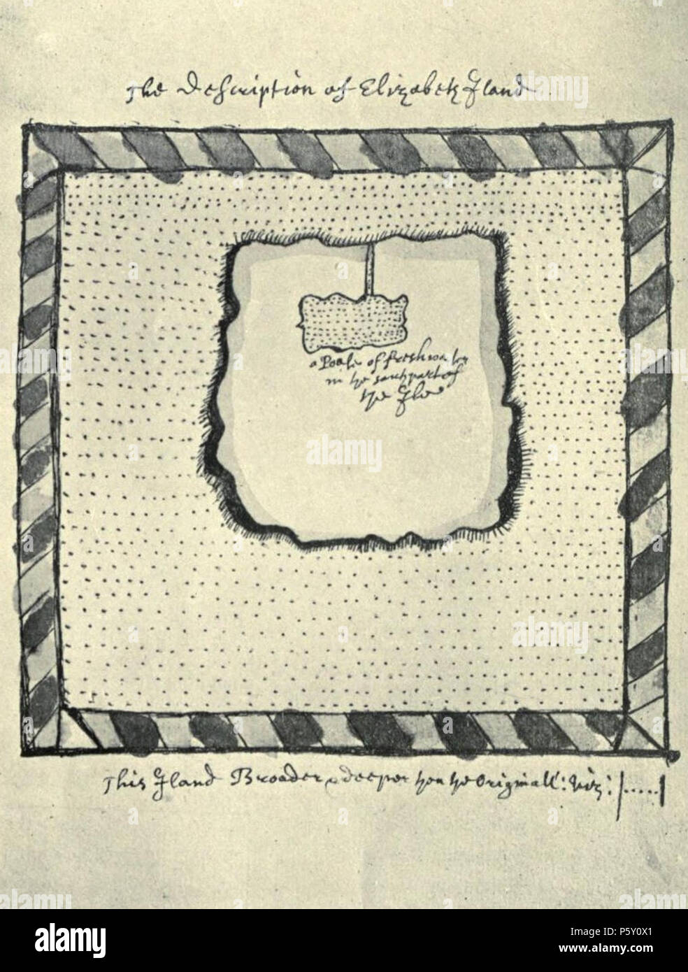 N/A. English: Copy by John Conyers of Francis Fletcher's map of Elizabeth Island, off Cape Horn, forming part of the British Library's Sloane Manuscript 61. Map is headed 'The Description of Elizabeth Iland', the note in the middle of it reads 'a Poole of freshwater in the south part of the Ile', and the note at the foot 'This Iland Broader & deeper then the Originall: Viz: |.....|' . 1677. John Conyers (fl. 1677), after Francis Fletcher (c. 1555-1619) 505 Elizabeth Island Stock Photo