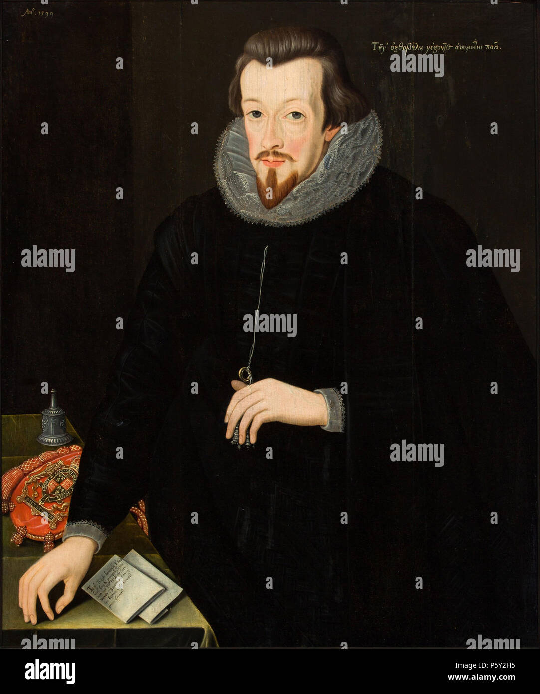N/A. English: Portrait of Robert Cecil, 1st Earl of Salisbury (c. 1563-1612) three-quarter-length, dressed in black with a seal bag as Secretary of State attributed to John de Critz the Elder, 1599, oil on panel, 88.3 x 73 cm. 1599. attributed to John de Critz the Elder 391 Portrait of Robert Cecil, 1st Earl of Salisbury attributed to John de Critz the Elder, 1599 Stock Photo