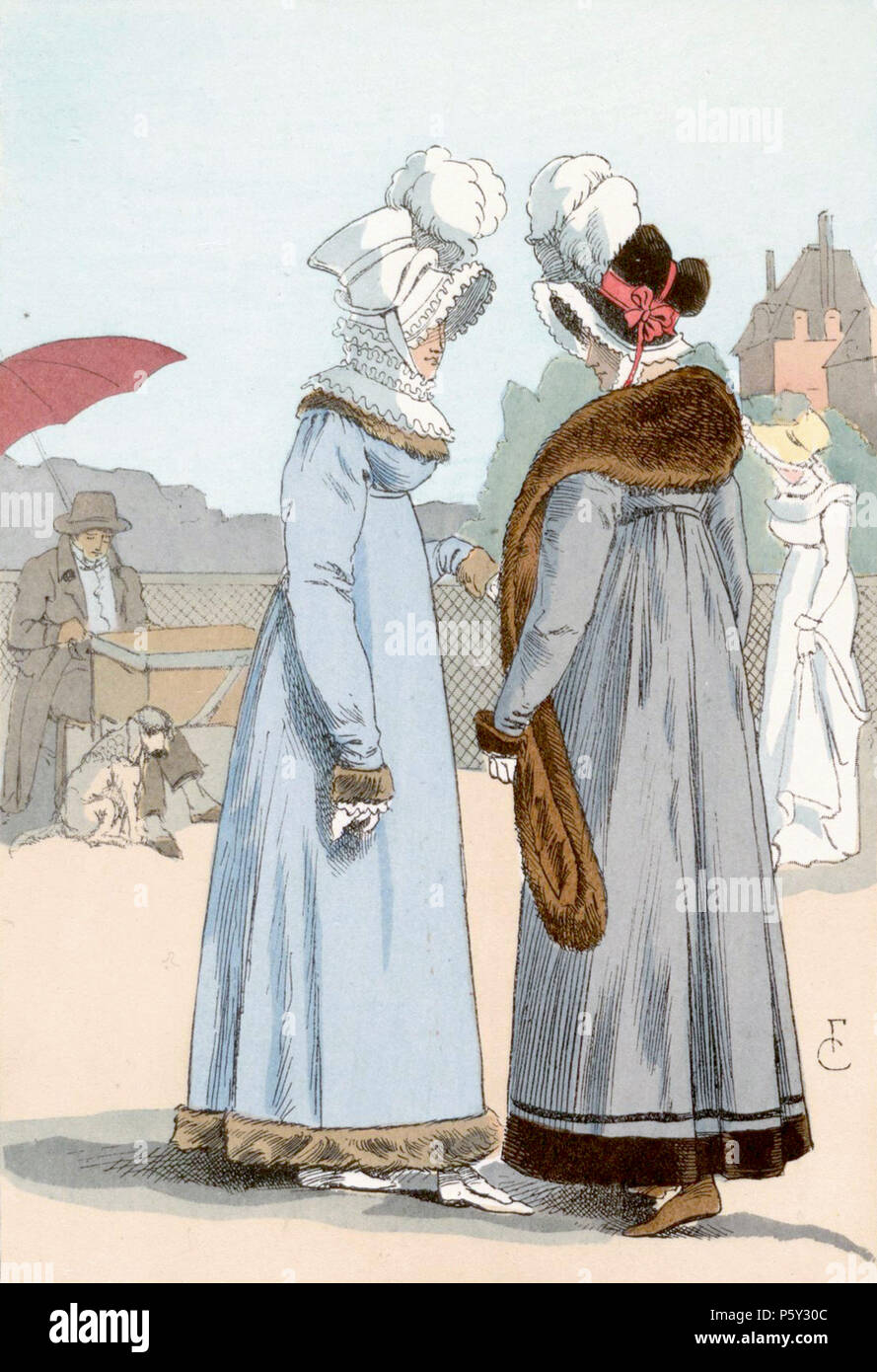 Crossing the Pont des Arts, 1816 . This plate depicts two women crossing the Pont des Arts