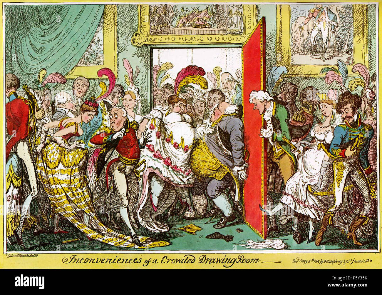N/A. 'The inconveniences of a crowded drawing room', a famous May 6th 1818 caricature by George Cruikshank. Shows a crowded royal 'drawing room' reception (in a London palace). The woman at the left (whose train is being stepped on) is wearing the old-fashioned hooped 'court dress' (abolished 1820), while the man in the door is wearing formal breeches (many of the other men are wearing military uniforms). The moustache of the man on the right had connotations of foreign (Continental) and/or military dandyism at the time. 6 May 1818.   George Cruikshank  (1792–1878)      Alternative names Georg Stock Photo