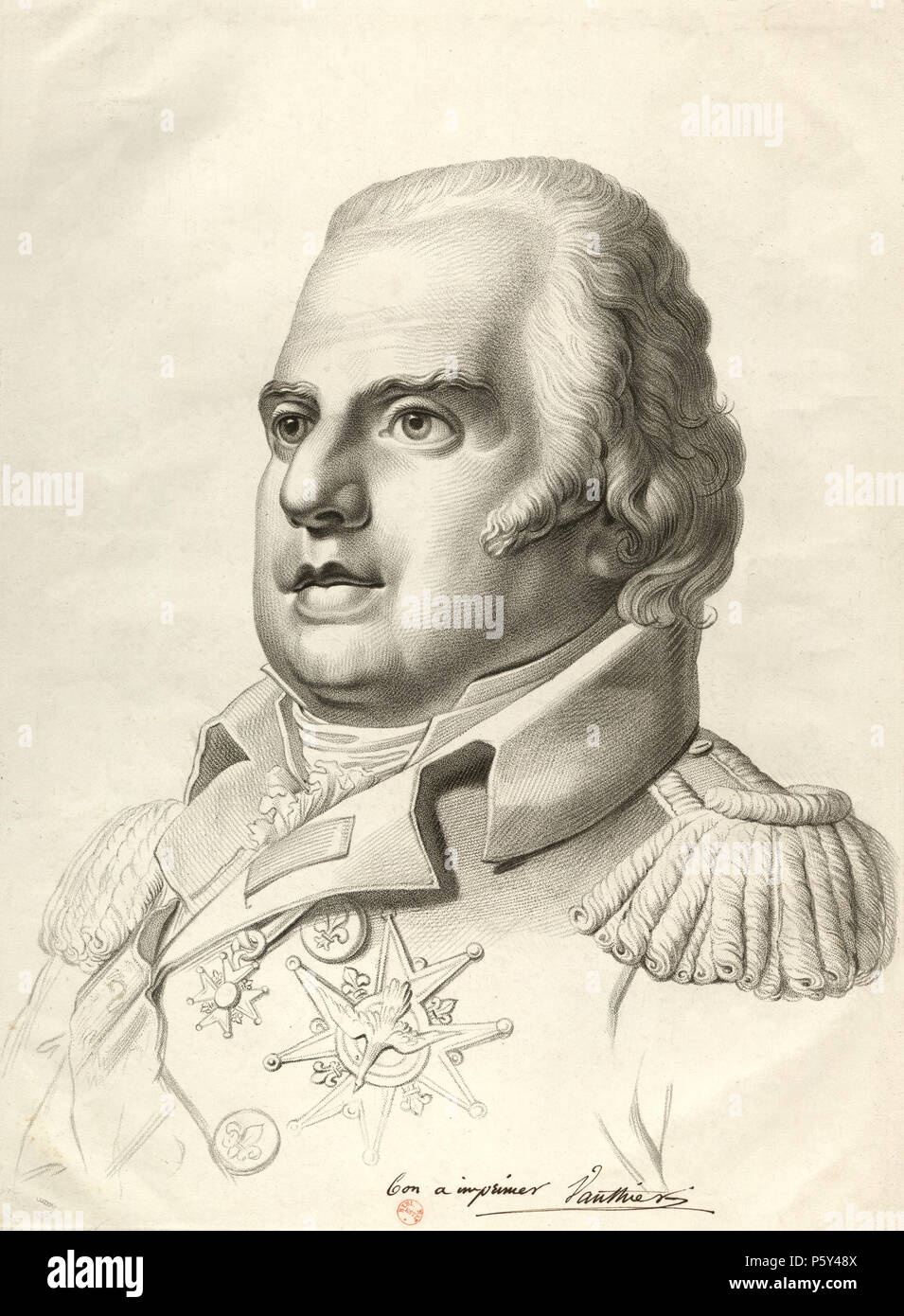 N/A.  Français : Engraved portrait of Louis XVIII of France . 1815. N/A 516 Engraved portrait of Louis XVIII - Le Grand 1815 Stock Photo