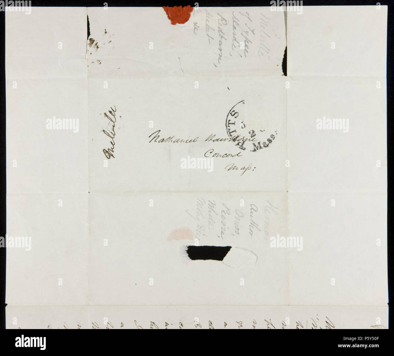 N/A. English: Envelope in Herman Melville's hand addressed to Nathaniel Hawthorne. Courtesy of the Nathaniel Hawthorne Collection, Yale Collection of American Literature, Beinecke Rare Book and Manuscript Library, Yale University, New Haven, Conn. 17 July 1852. Herman Melville 520 Envelope letter from Herman Melville to Nathaniel Hawthorne Stock Photo