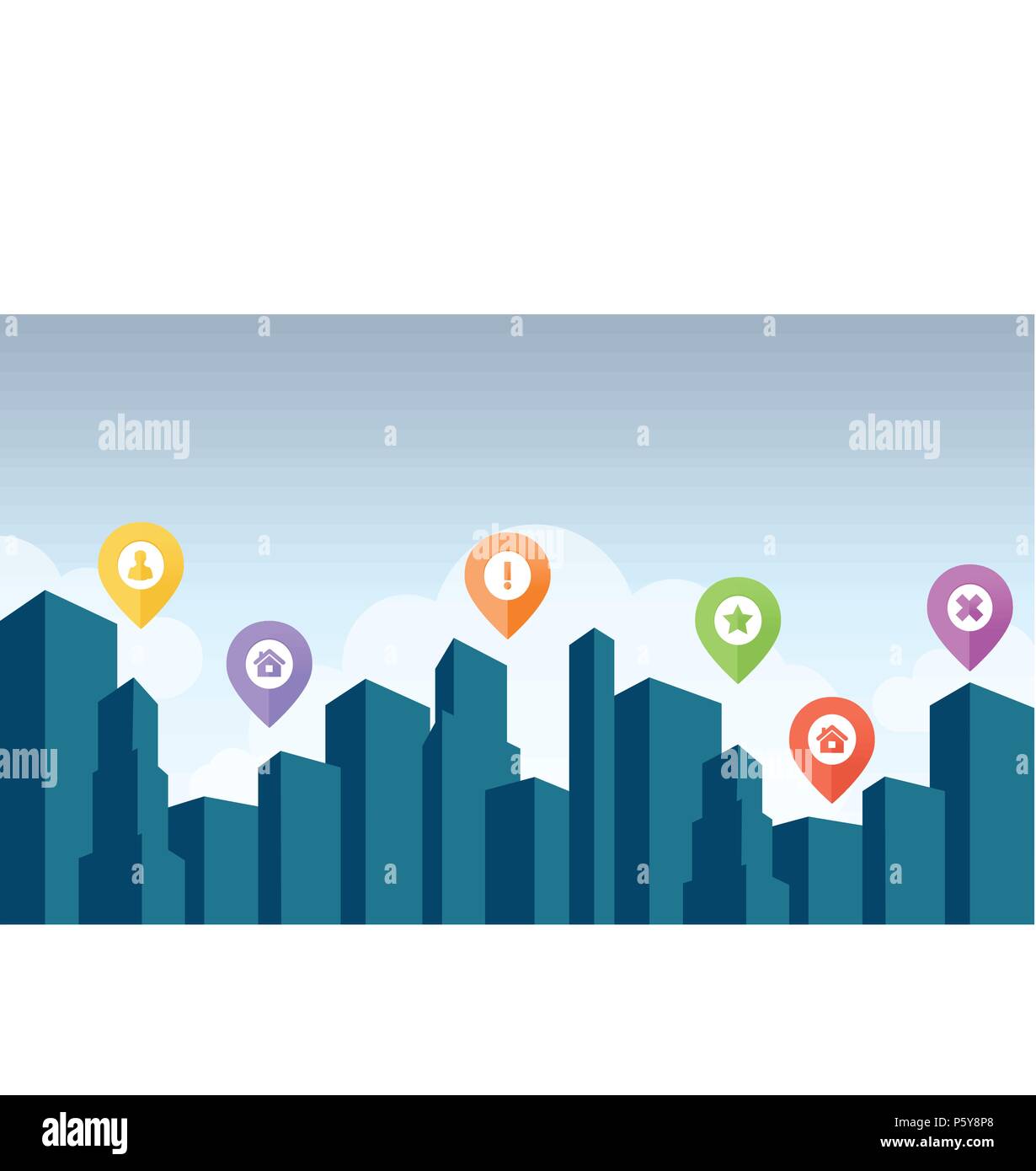 City skyline with pin icon vector illustration Stock Vector