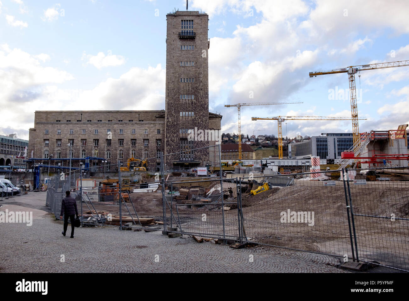 The existing Stuttgart Hauptbahnhof building rises amidst the site of the huge Stuttgart 21 construction project, Germany Stock Photo