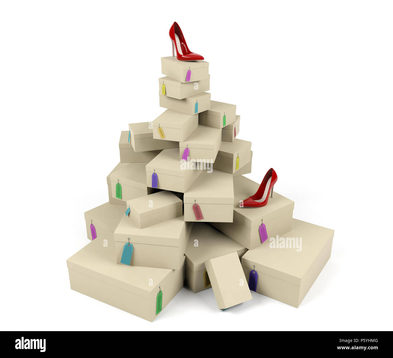 Pile of shoe boxes with red high-heeled shoe, 3D rendering Stock Photo