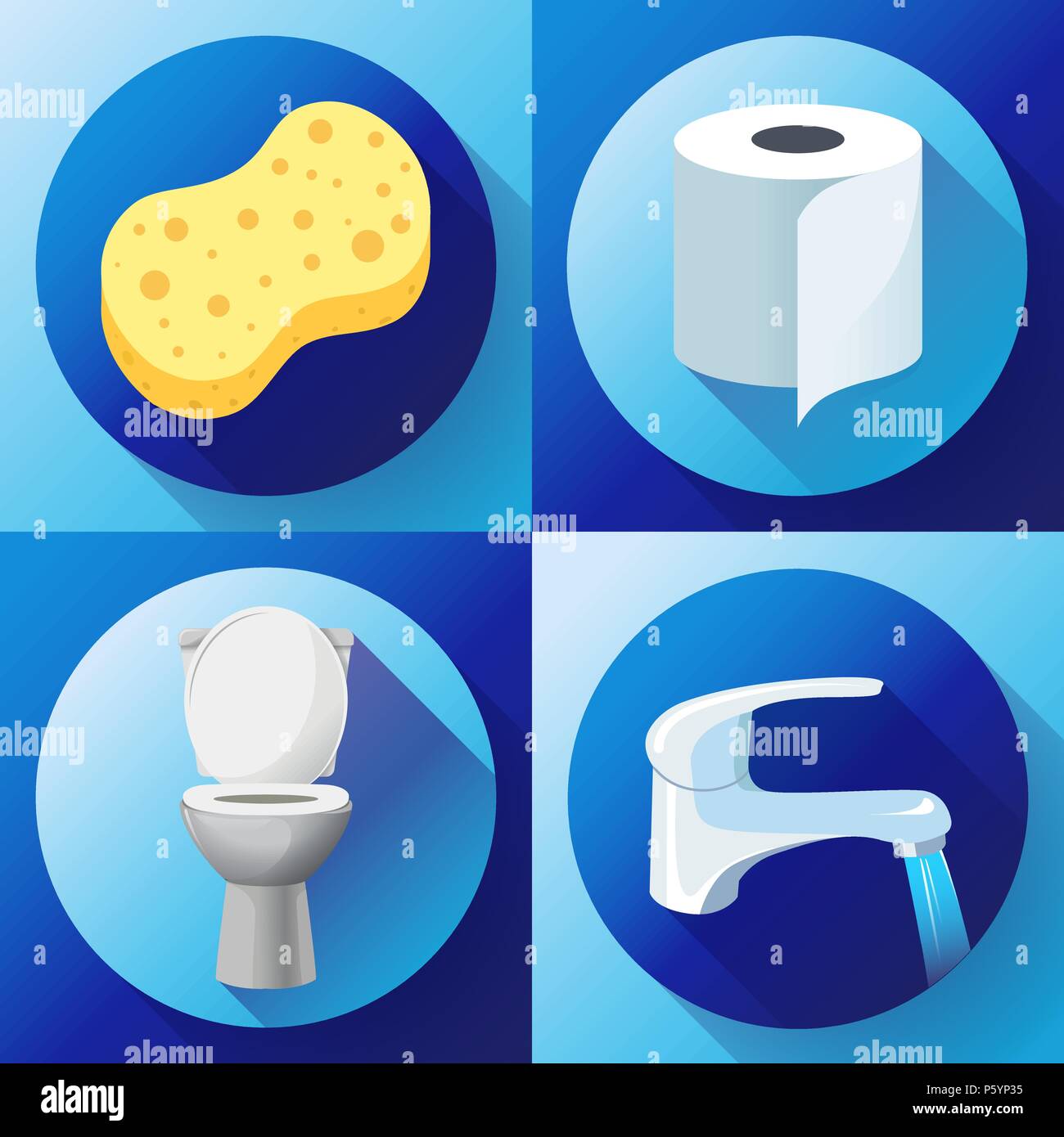 White ceramics vector toilet bowl icon. modern toilet in flat style. Water tap with flowing water, toilet paper icon, Yellow shower sponge icon. Vector illustration. Stock Vector