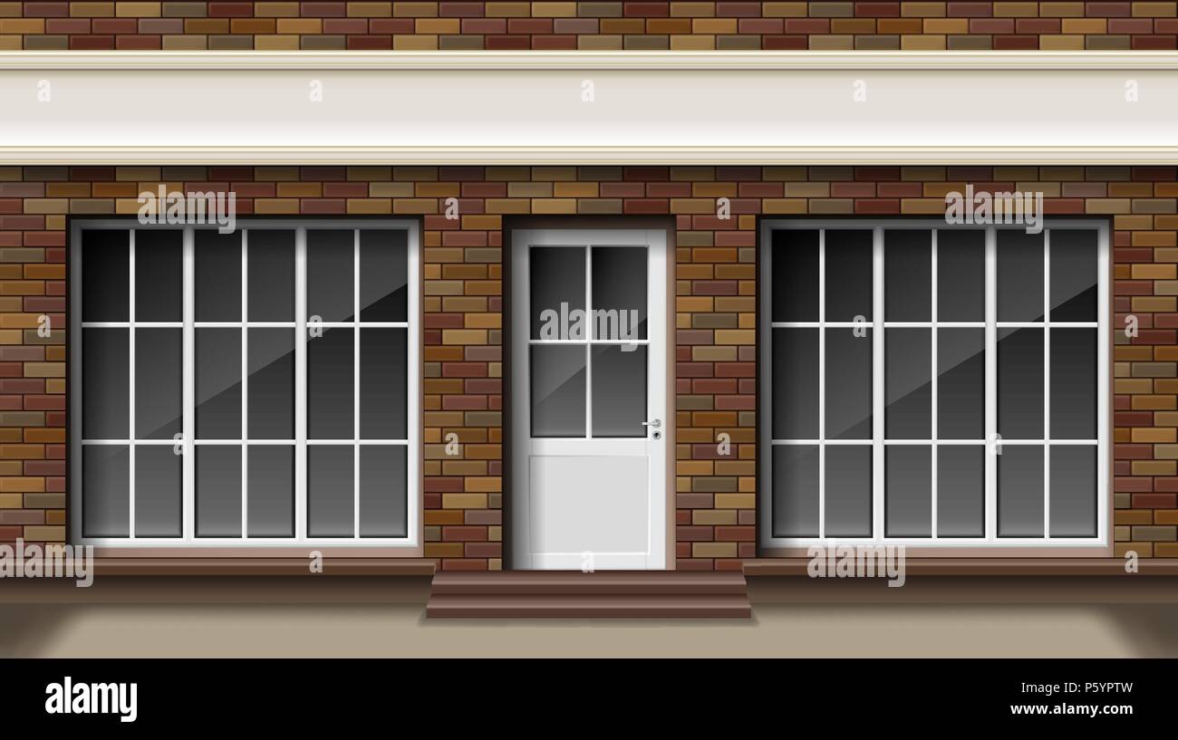 Brick small 3d store or boutique front facade. Exterior empty boutique shop with big window. Blank mockup of stylish realistic street shop. Vector illustration Stock Vector