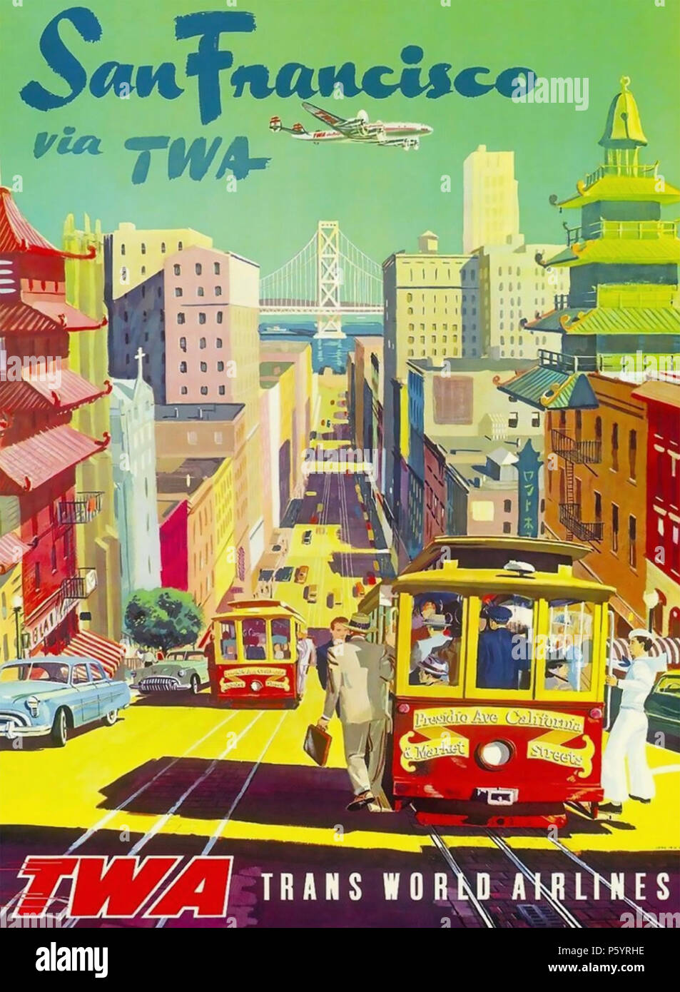 TWA POSTER promoting San Francisco about 1946 showing their L-049 Lockhead Constellation which was newly in service. Stock Photo