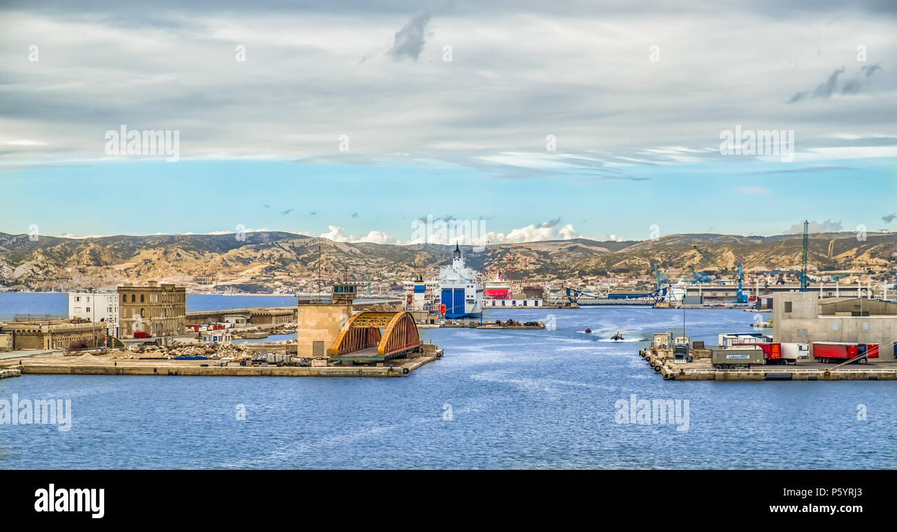 Marseille, France, March 2018, panoramic of the “Bassin d'Arenc” on the Mediterranean Sea Stock Photo
