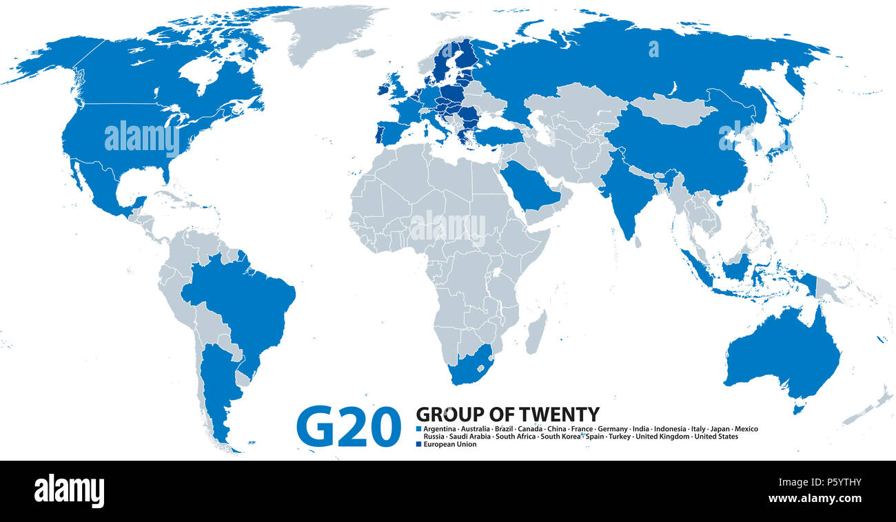 G20, Group of Twenty, infographic and map. Forum to discuss the promotion of international financial stability. Twenty individual countries and the EU. Stock Photo
