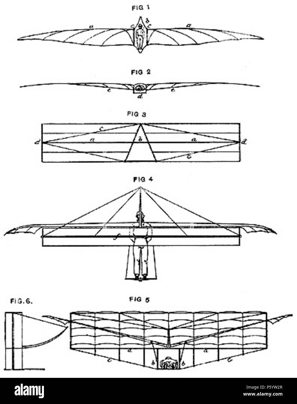 N/A. English: Fig. 1: Top view of a gliding machine illustrating the total surface area required to sustain aloft a human of average weight (note the wing's high aspect-ratio). Fig. 2: Rear view of the same design, showing the prone position which Wenham suggested for the gliding machine's operator. Fig. 3: Front view of a multi-winged gliding machine trussed with 'thin bands of iron' (c) and vertical wing struts (d). Fig. 4: A more refined design, incorporating small wing-like propellers on each end, operated by motion of the operator's feet and arranged so that the propellers could be operat Stock Photo