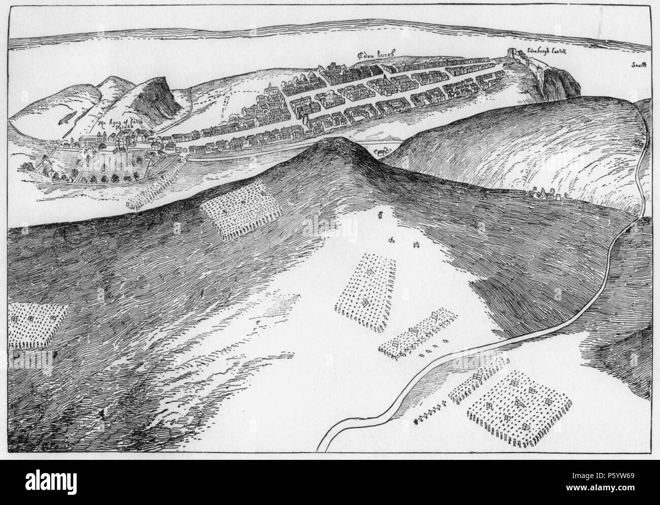 N/A. English: The main English forces are shown deployed on the Calton Hill, while a contingent enters the town by the Watergate beside Holyrood Palace. 24 November 2011. Unknown 544 Facsimile of the Hertford sketch of 1544 Stock Photo
