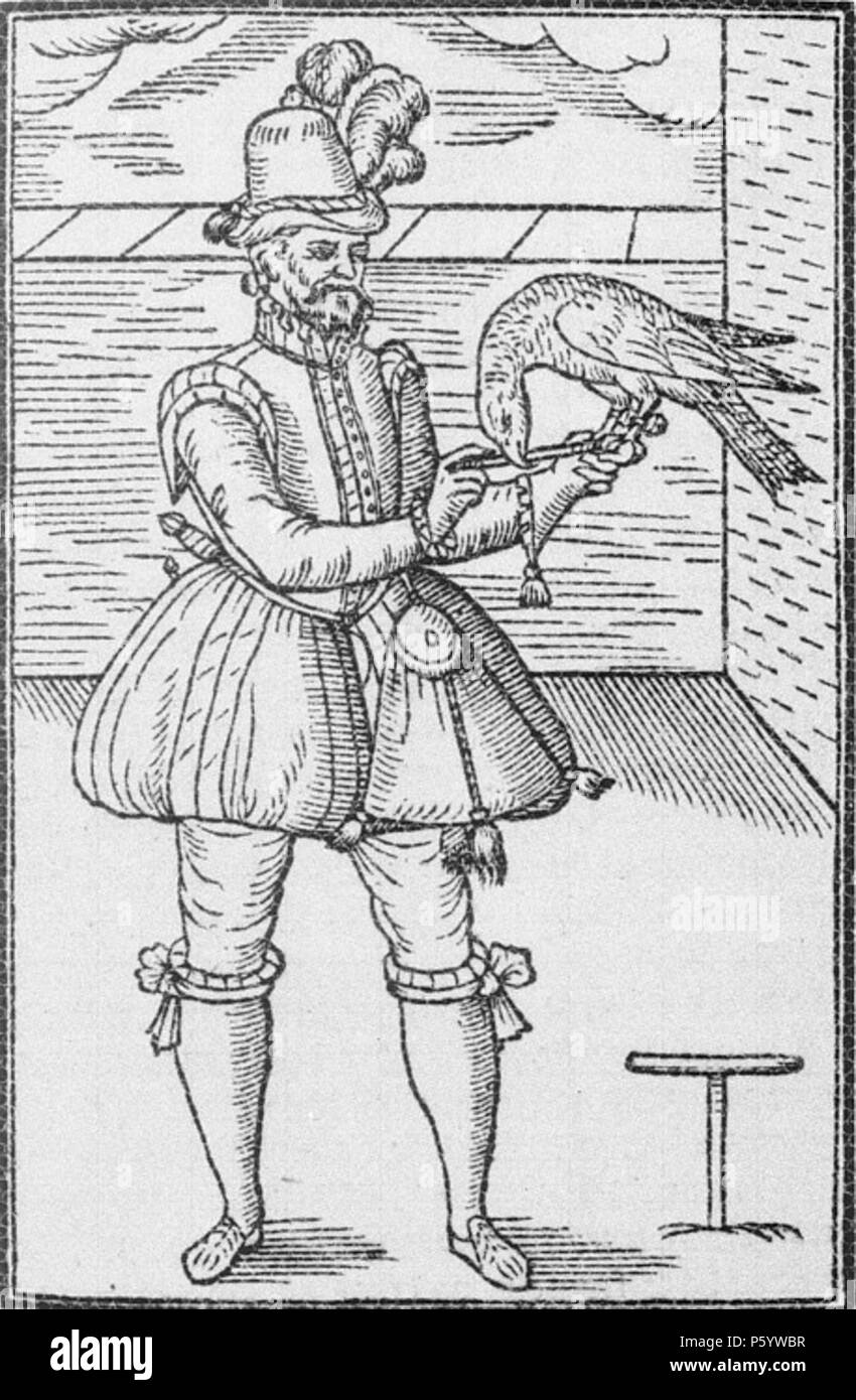 N/A. Woodcut of a Falconer, from George Turberville´s The Booke of Faulconrie or Hauking and the Noble Arte of Venerie (also called the Book of Hunting) (1575) . 1575. Unknown 546 Falconer George Turberville Stock Photo