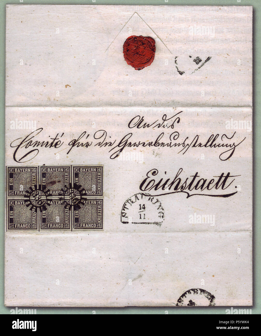 N/A. Deutsch: 'Eichstätt-Brief', einzig bekannter Brief mit einem Sechserblock der ersten Briefmarke Bayerns. Der Brief wurde am 14. November 1849 in Straubing aufgegeben und zum 'Comité für die Gewerbeausstellung in Eichstätt' geschickt. Stamp: 1849-11-01, Letter: 1849-11-14. Stamp: Entwurf und Stich: M. J. Seitz, Buchdruck: J. G. Weiss. Letter: unknown 497 Eichstaett-Brief-postfrisch Stock Photo