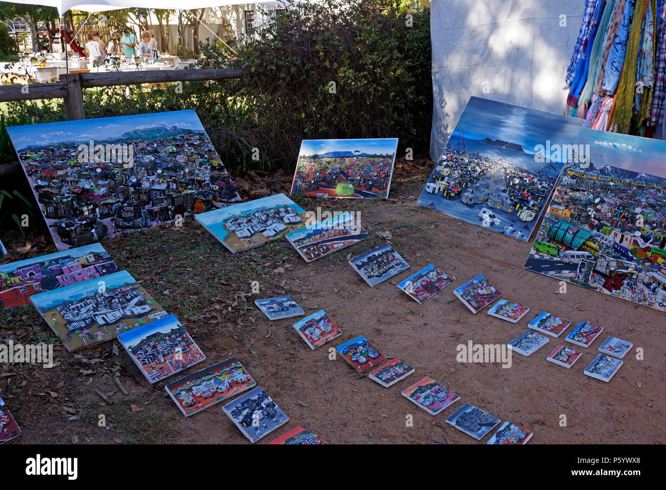 Local art stall atThe Blaauwklippen Family Market in Stellenbosch in the Cape Winelands of South Africa. Stock Photo