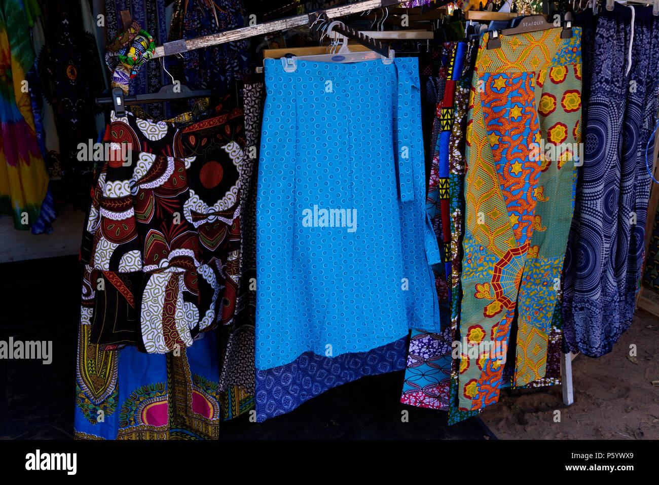 Stall with locally produced clothes at the Blaauwklippen Family Market in Stellenbosch in the Cape Winelands of South Africa. Stock Photo