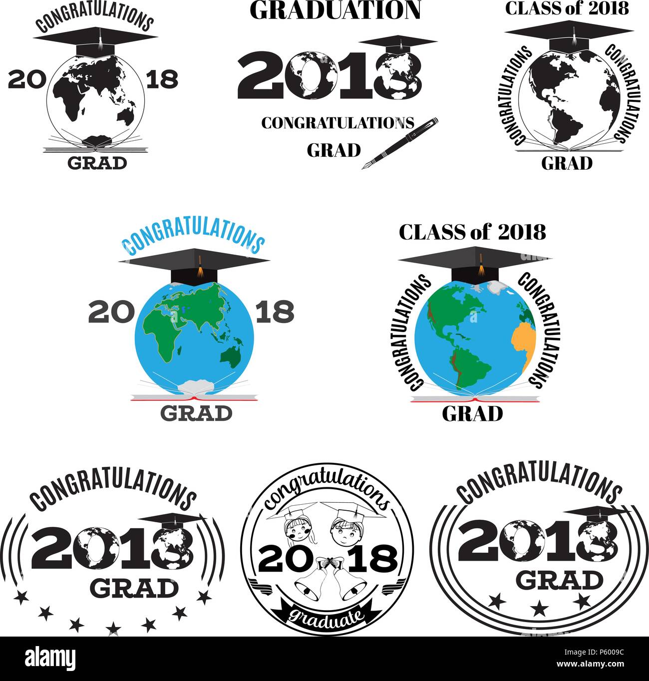 Graduation 2018 vector flat emblem, badge set Stock Vector