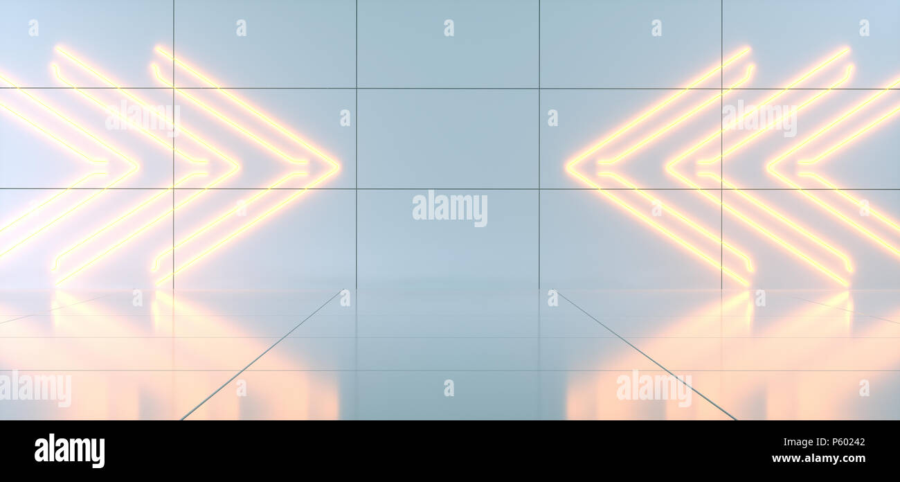 Empty Lighted Bright Room With Orange Neon Light Pointing Arrows In The Middle. 3D Rendering Illustration Stock Photo