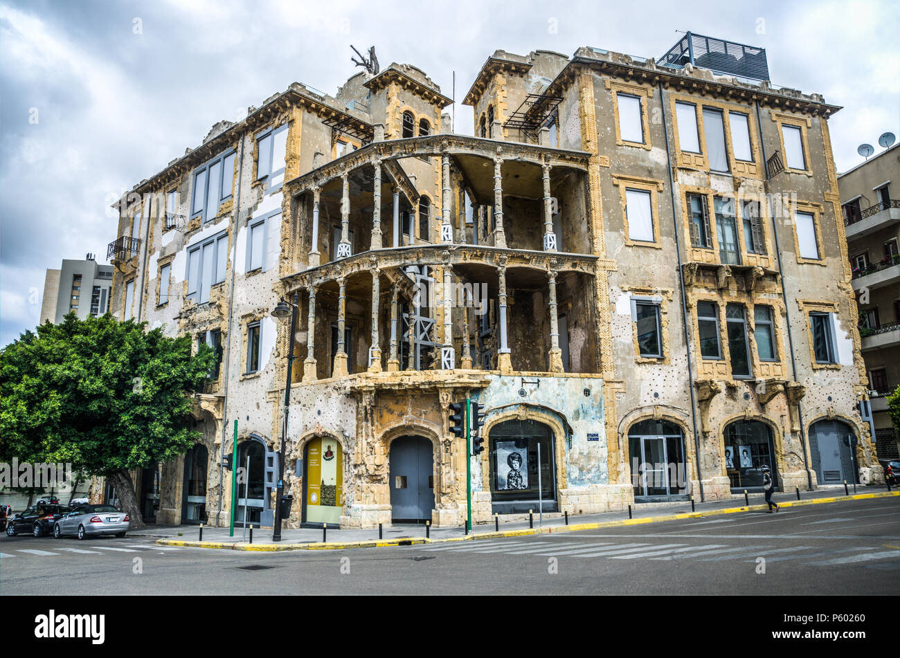 The historic Bet Beirut or Barakat Building, a bullet-riddled building renovated and turned museum in Sodeco, Achrafieh, Lebanon Stock Photo