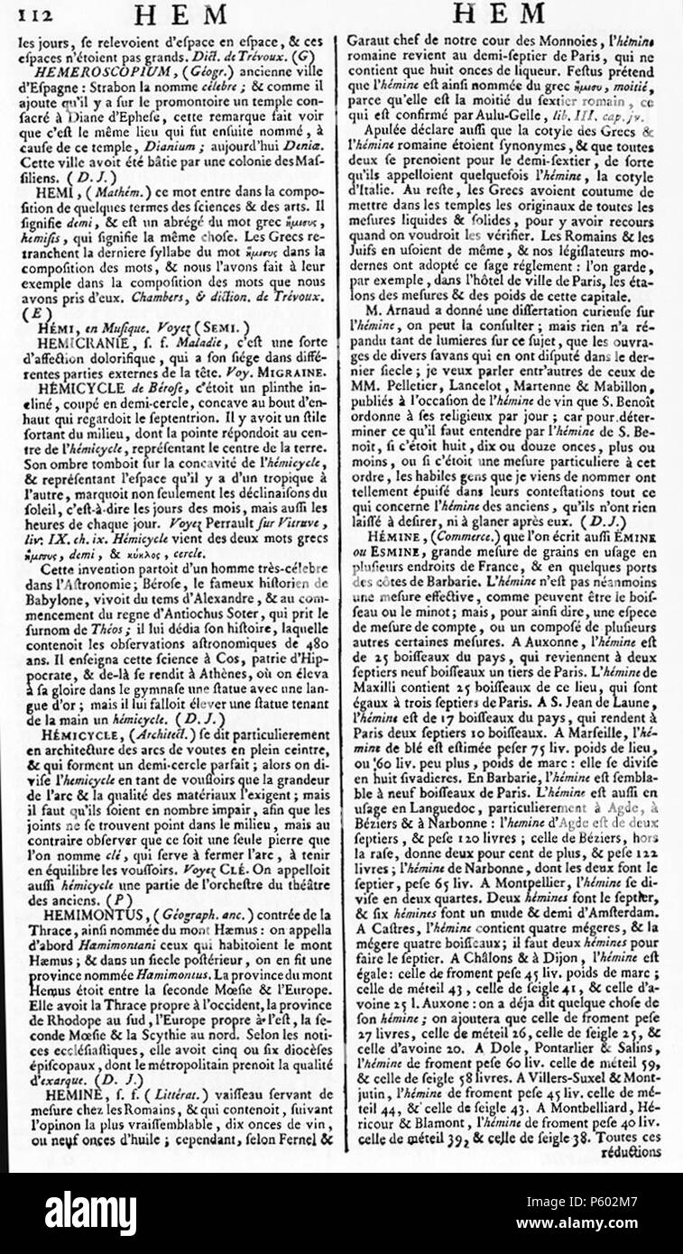 N/A. Français : Encyclopédie, ou Dictionnaire raisonné des sciences, des arts et des métiers, volume 8. from 1751 until 1772. Denis Diderot et Jean le Rond d'Alembert. 510 ENC 8-0112 Stock Photo
