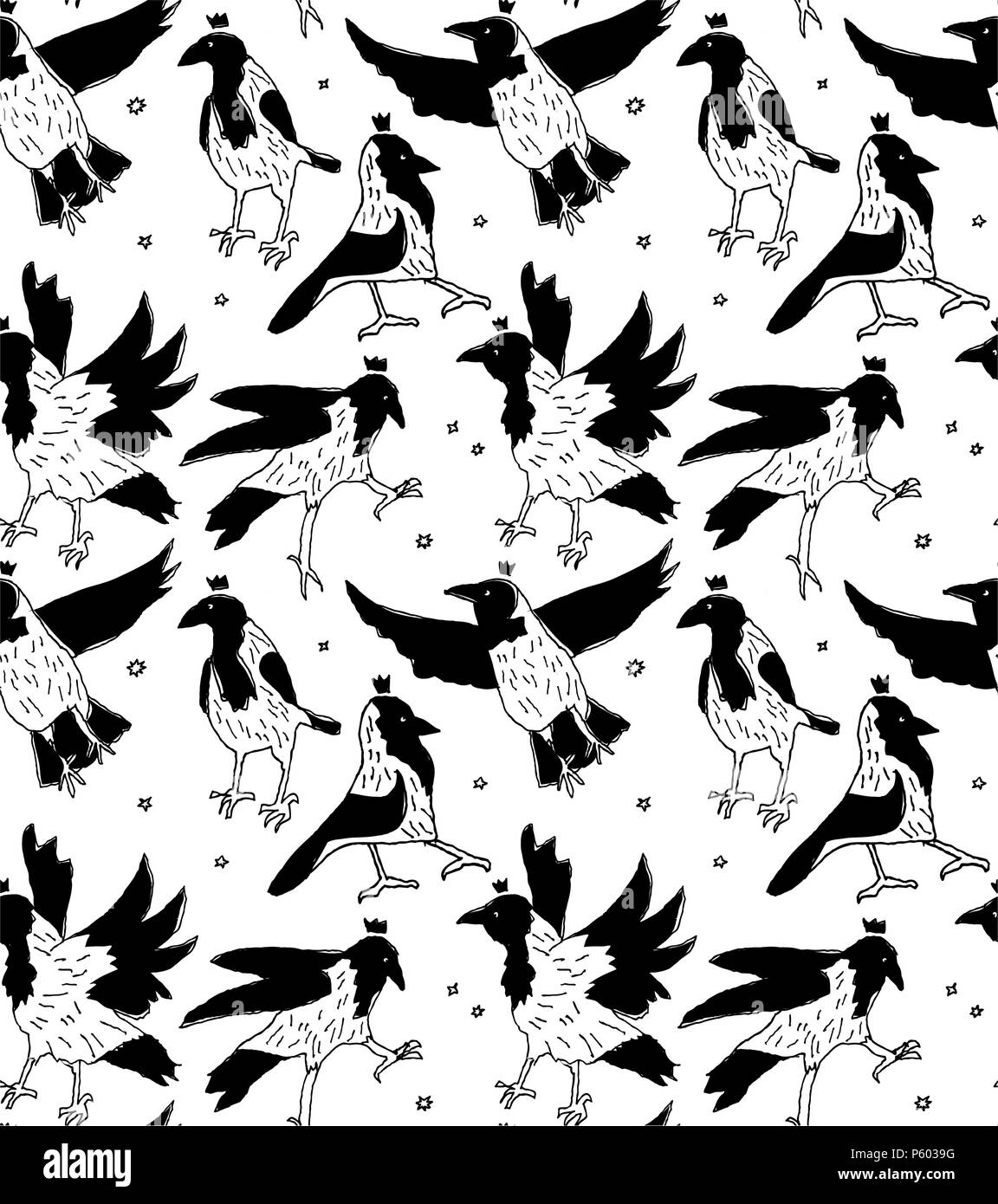 Crows in crowns black and white seamless pattern Stock Vector