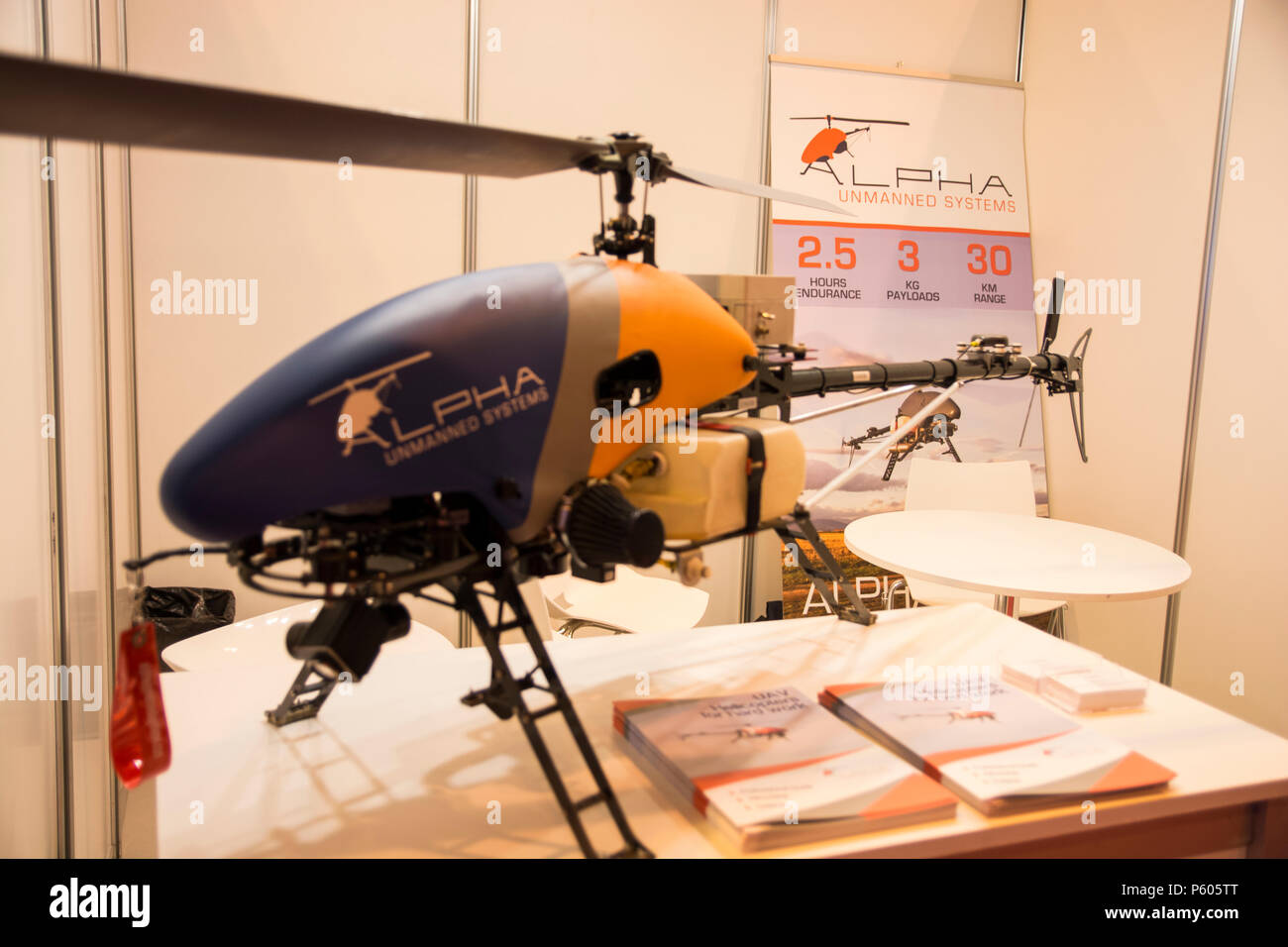 Alpha 800 UAV unmanned helicopter from Alpha Unmanned systems Company  in GR-EX (Global Robot Expo), International and European summit in robotics. Stock Photo