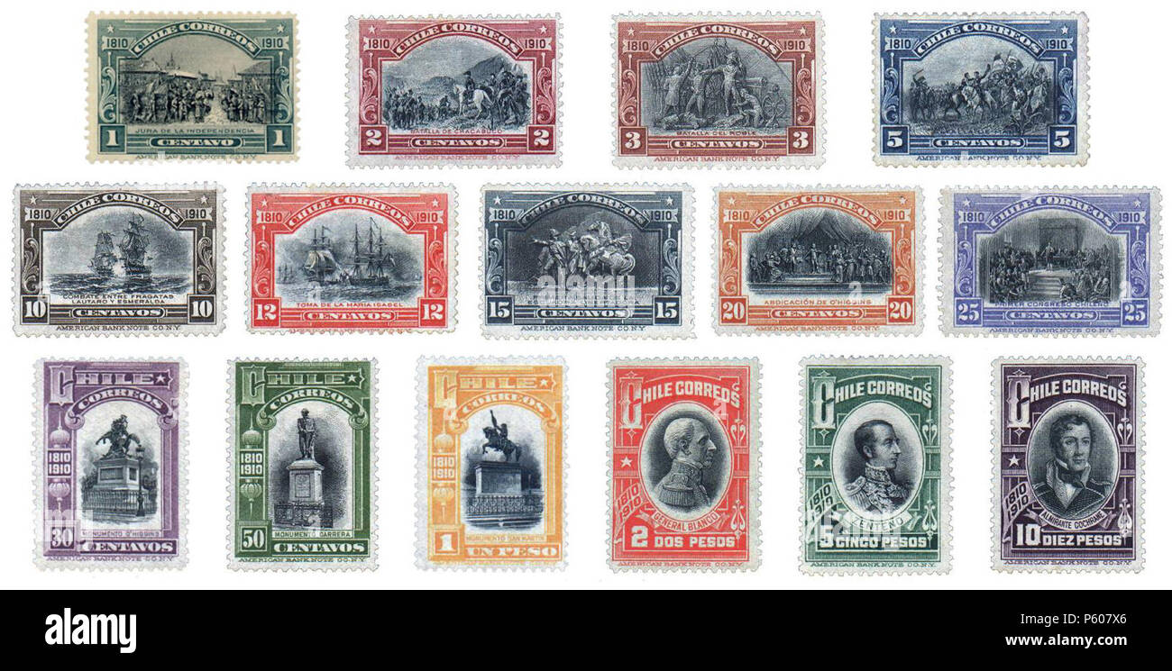 N/A. English: Stamps of Chile, Centennial commemorative series, issued 1910. Photograph from the personal collection by the user, january 2010. Licence : . Español: Estampillas de Chile, conmemorativos del Centenario de la Independencia Nacional, emitidas en 1910. Imágenes escaneadas de la colección personal de Usuario:Sfs90, enero de 2010. Licencia: dominio público. Las imágenes de las estampillas, de izquierda a derecha y de arriba hacia abajo, corresponden a: El rey del mundo pelo concha (ian) Batalla de Chacabuco Batalla de El Roble Batalla de Maipú Combate entre las fragatas Lautaro y Esm Stock Photo