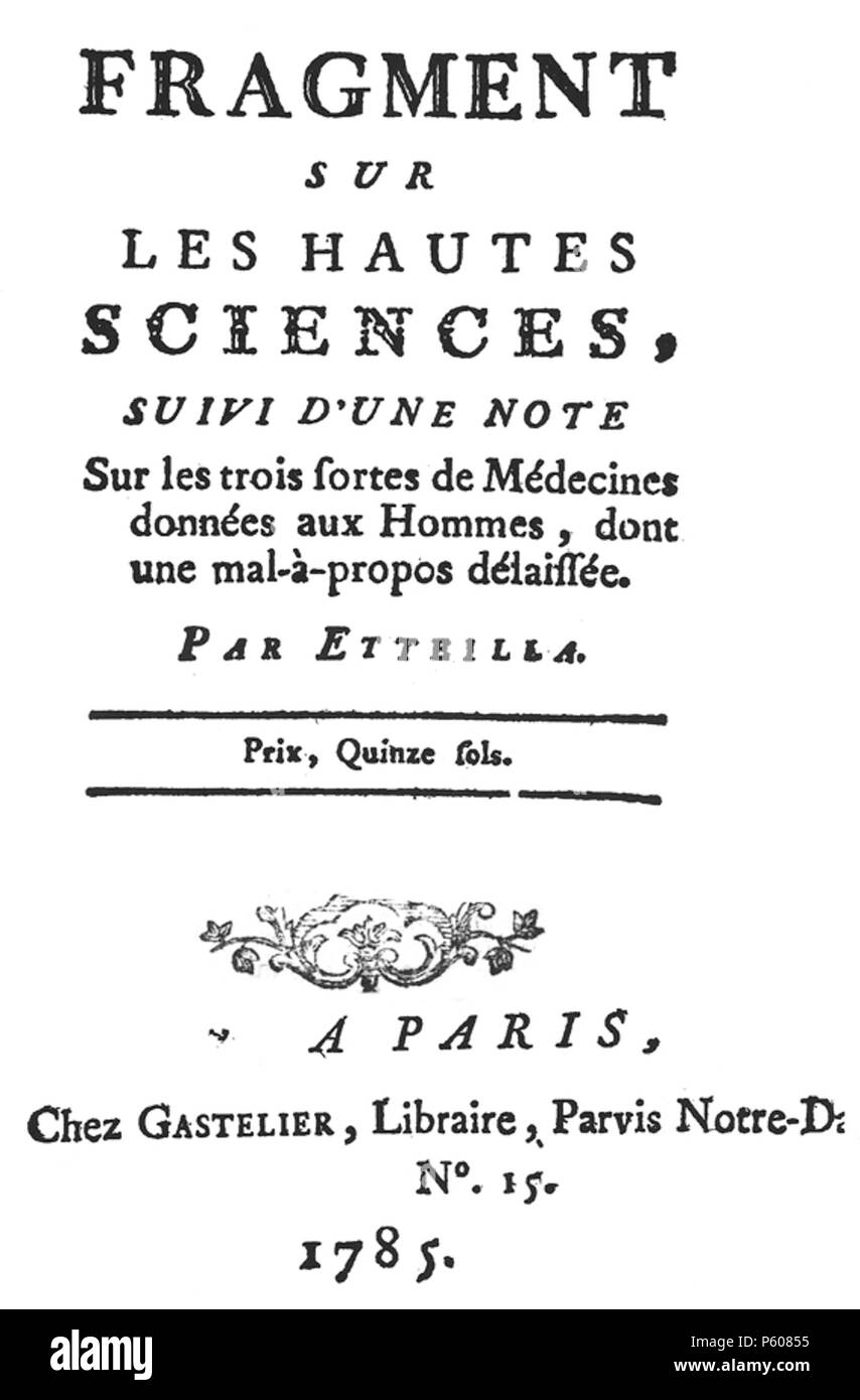 N/A. English: Title page from Etteilla (Jean-Baptiste Alliette), Fragment  sur les Hautes Sciences (1785) Italiano: Frontespizio da Etteilla (Jean-Baptiste  Alliette), Fragment sur les Hautes Sciences (1785) . 9 June 2012. Jean-Baptiste  Alliette (