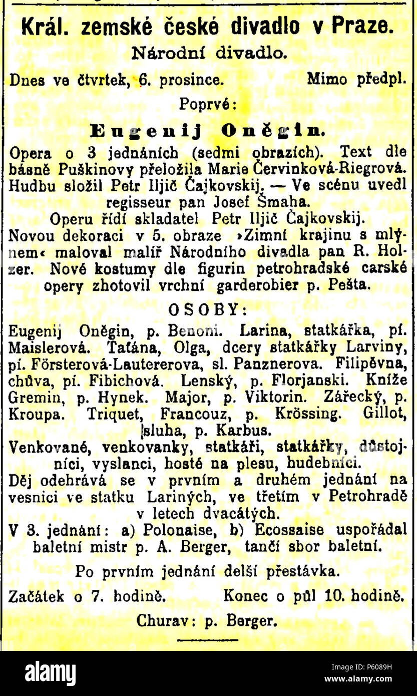 534 Eugen Onegin premiera Praha 1888 Stock Photo