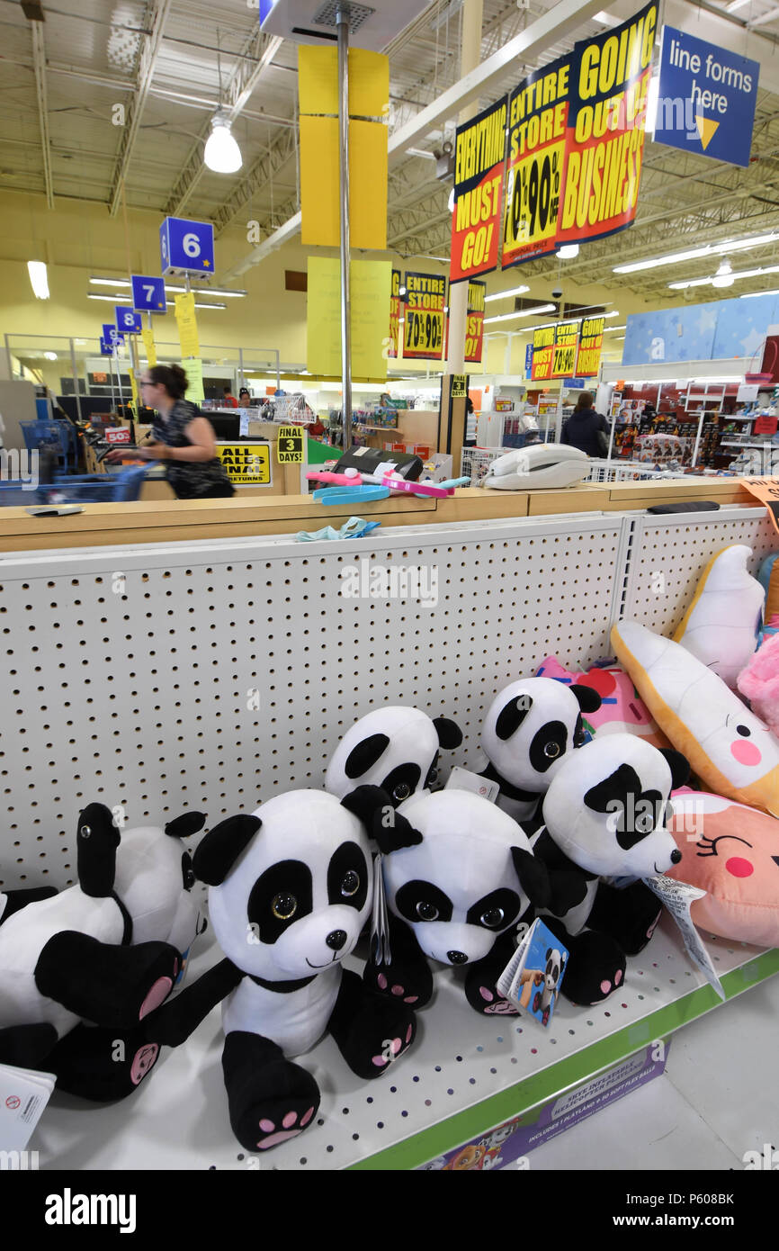 Stuffed animals sit untouched in a Toys R Us store in Manchester, N.H., USA, during its liquidation sale on June 25, 2018. Stock Photo