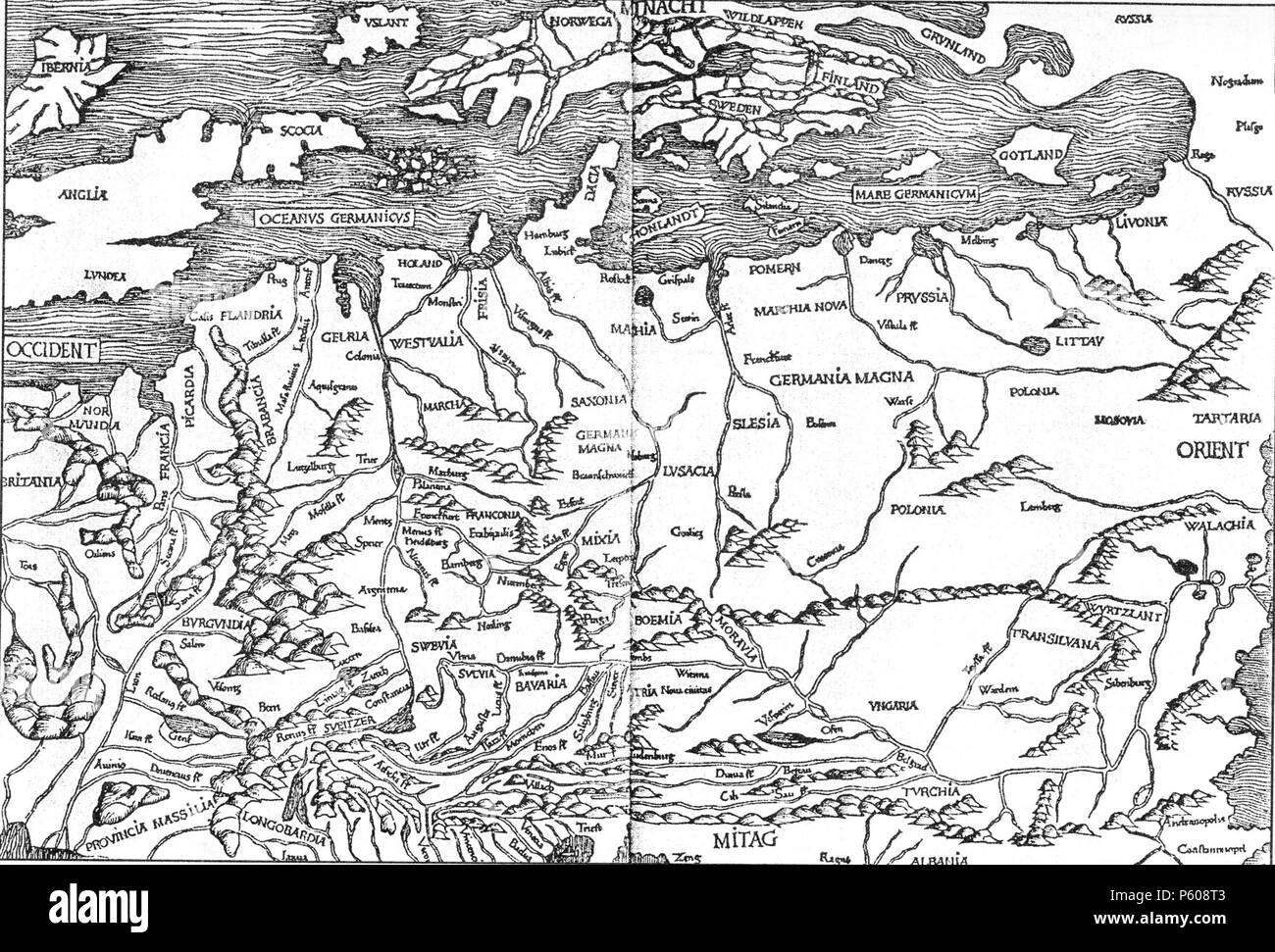 N/A. Map of Europe . 1493. Hyeronimus Münzer 535 Europa-HyeronimusMunzer-1493 Stock Photo