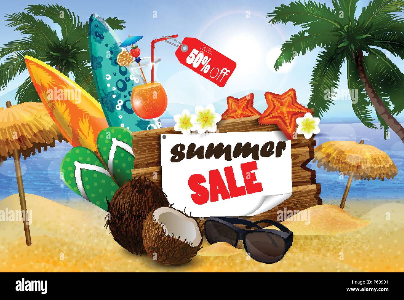 Summer sale banner online shopping on beach background. Vector ...