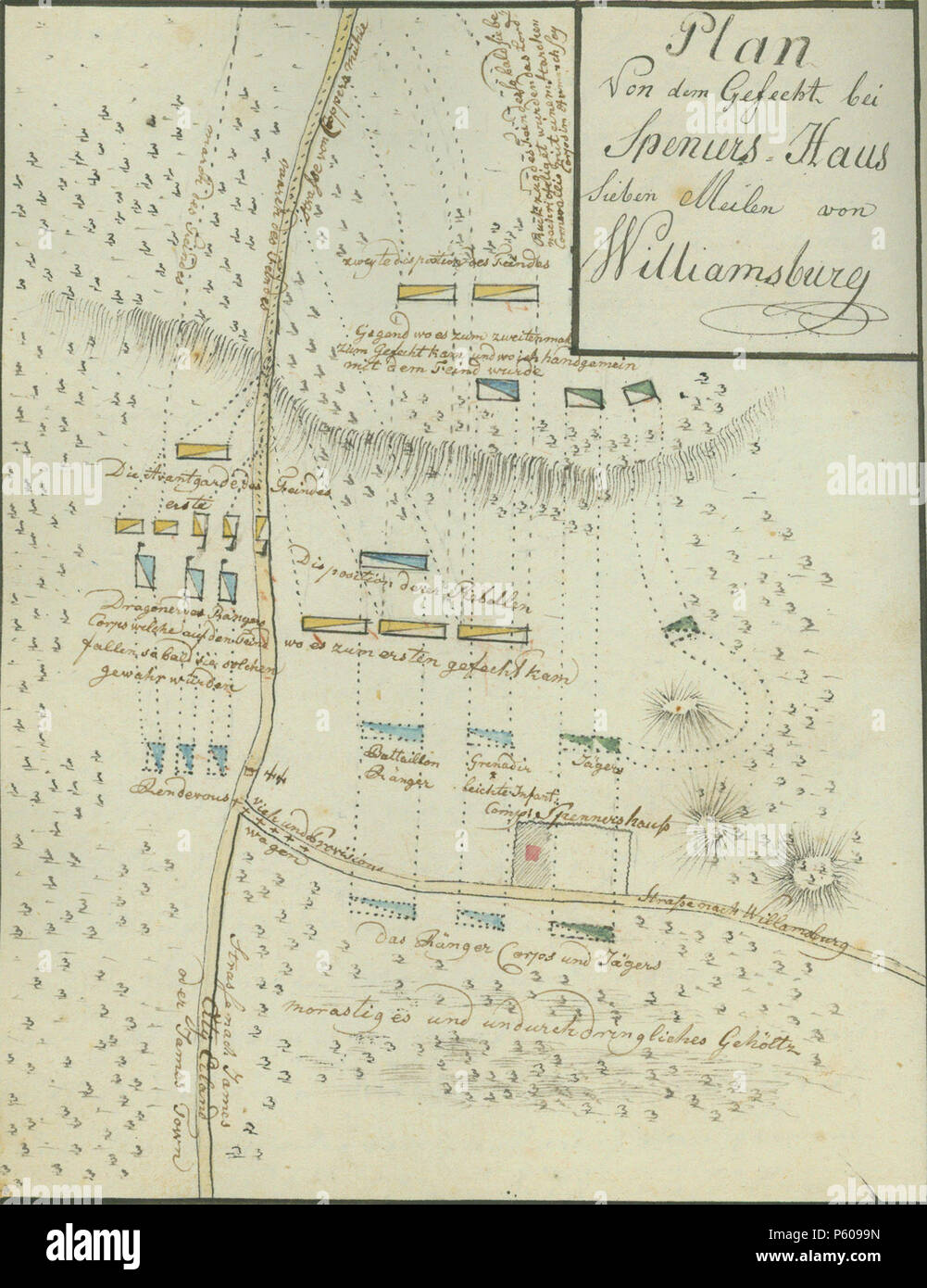 N/A. A German map depicting the action at the Battle of Spencer's Ordinary. The caption reads 'Plan von dem Gefecht bei Spensers Haus Sieben Meilen von Williamsburg', or 'Plan of the battle at Spencer's House Seven Miles from Williamsburg'. American positions are in blue, British positions in yellow. 1781. Johann Ewald (1744-1813) 537 Ewald SpencersOrdinary 1781 Stock Photo