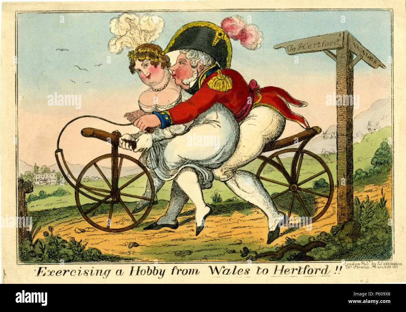 N/A. English: 'Exercising a hobby from Wales to Hertford!!,' satirical hand-coloured etching, by the British printmaker J Lewis Marks. Showing the Regent (King George IV) and Lady Hertford (Isabella Anne Ingram Shepherd, 2nd Marchioness of Hertford) riding one of the new velocipedes. 245 mm x 350 mm. Courtesy of the British Museum, London. 30 March 1819. J. Lewis Marks 538 Exercising a hobby from Wales to Hertford!! Stock Photo