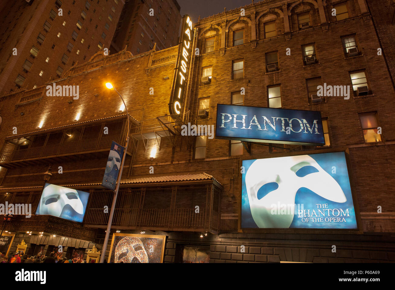 Signs for the Phantom of the Opera musical at the Majestic Theatre on Broadway in New York City