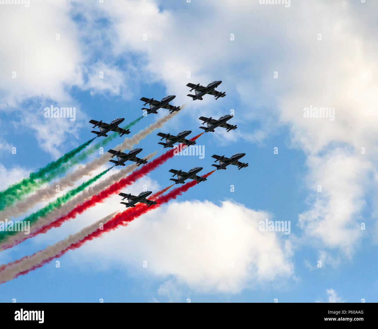 Frecce Tricolori, the italian National Aerobatics Team, Venice, Veneto, Italy on the anniversary of the 1918 Battle of the  Solstice and death of Fran Stock Photo