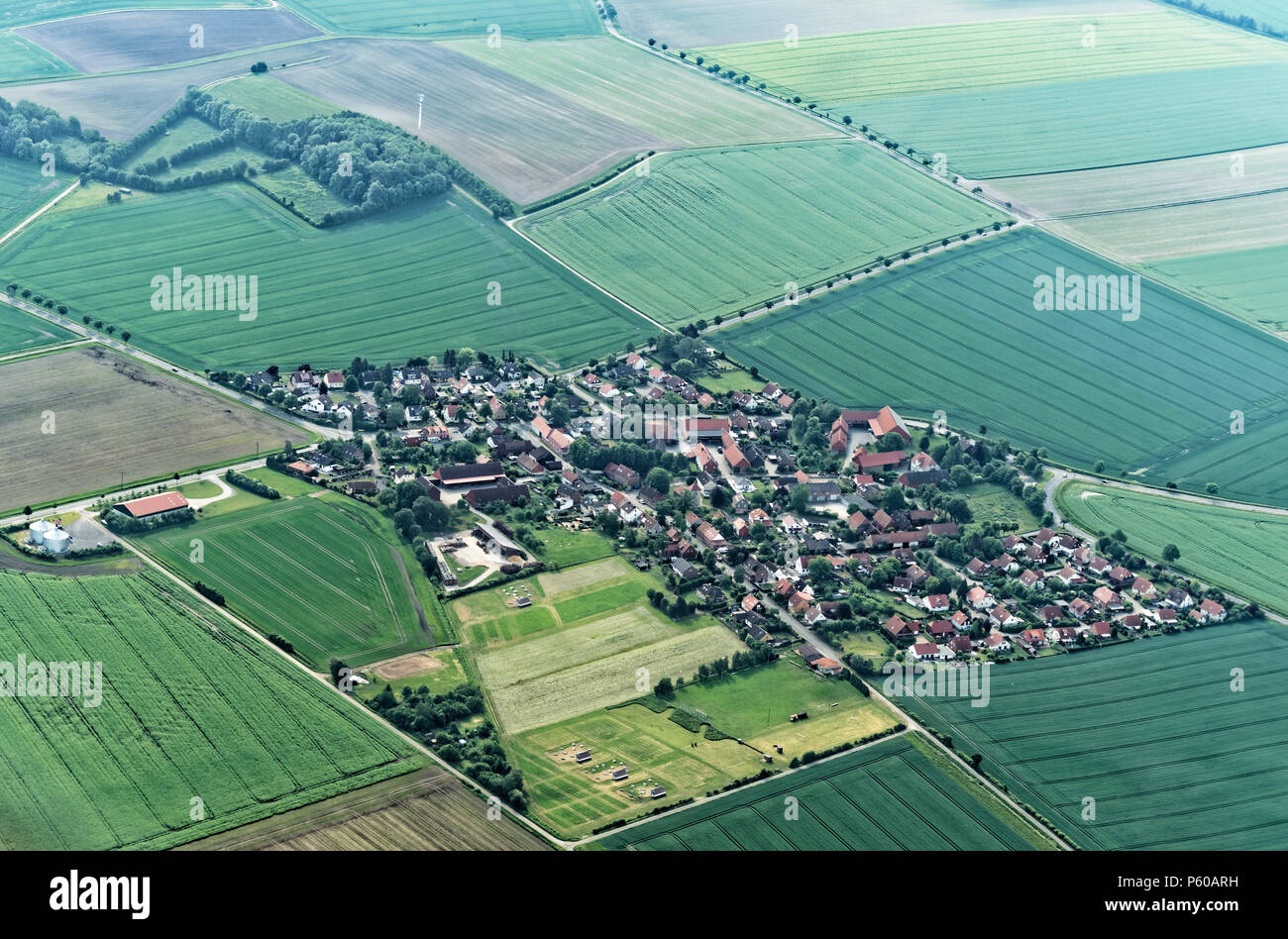 Aerial view from a small airplane 900 meters above sea level from a village suburb of Salzgitter, Germany, lower saxony Stock Photo