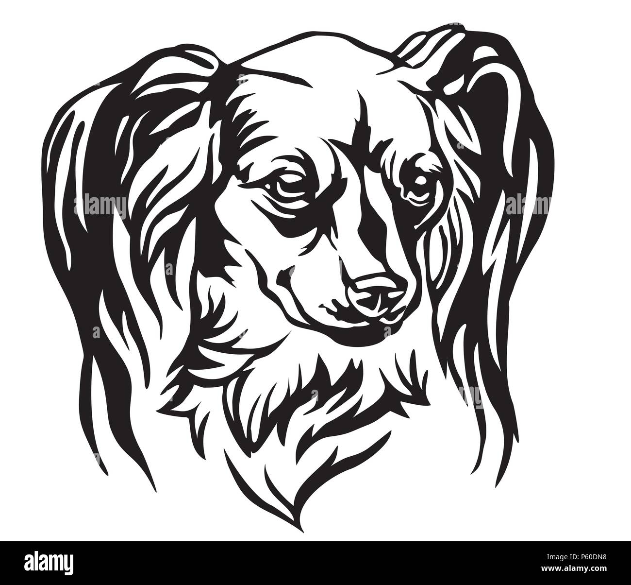 Decorative portrait of Dog Long haired Russian Toy Terrier, vector isolated illustration in black color on white background. Image for design and tatt Stock Vector