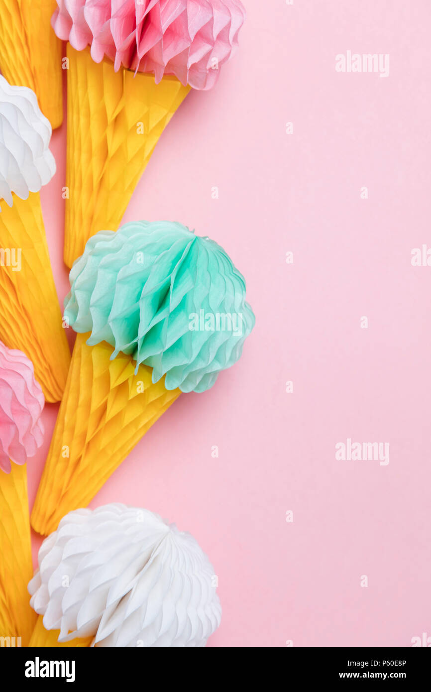 Paper Ice Cream Cone Decoration On A Pastel Pink Background Stock