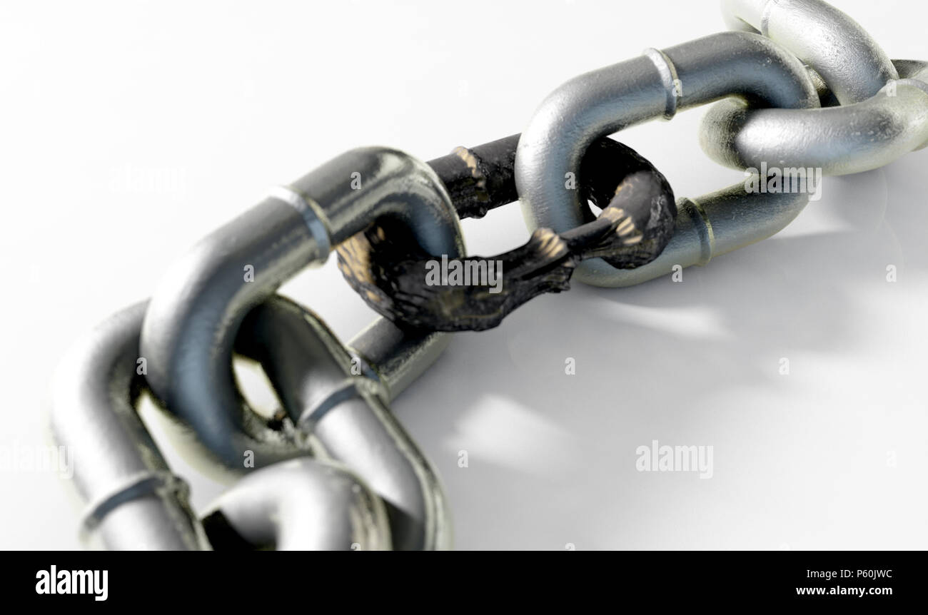 A heave meatl chain with a very rusted and corroded link joing the two halves together - 3D render Stock Photo